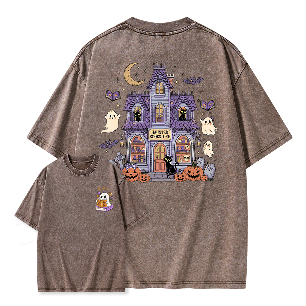 Pagewings Personalized Name Haunted Bookstore Unisex Washed T-shirt