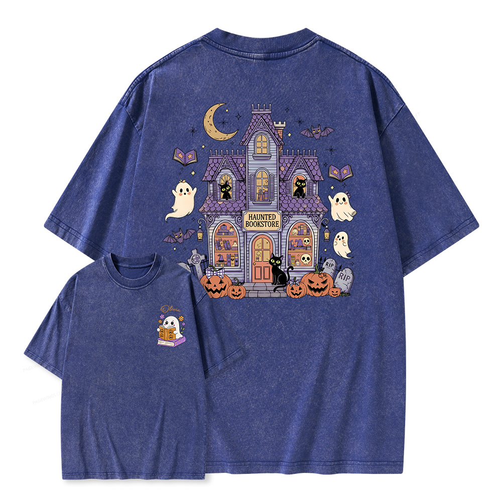 Pagewings Personalized Name Haunted Bookstore Unisex Washed T-shirt