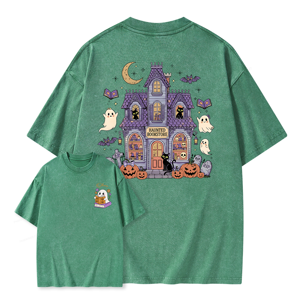 Pagewings Personalized Name Haunted Bookstore Unisex Washed T-shirt