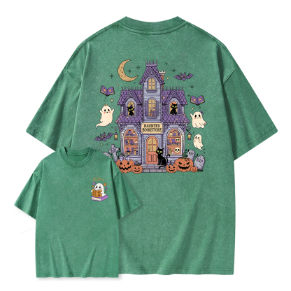 Pagewings Personalized Name Haunted Bookstore Unisex Washed T-shirt