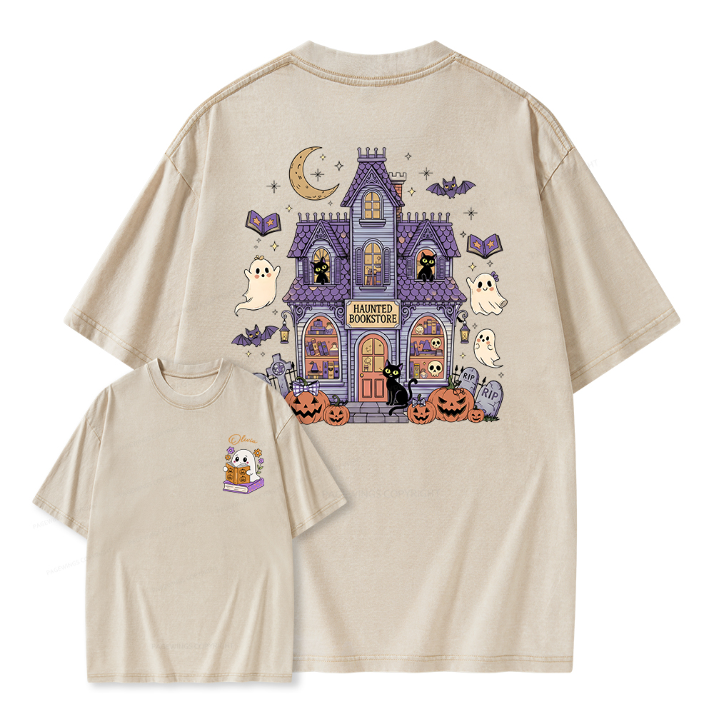 Pagewings Personalized Name Haunted Bookstore Unisex Washed T-shirt