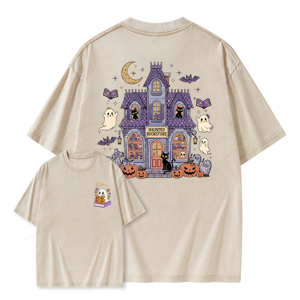 Pagewings Personalized Name Haunted Bookstore Unisex Washed T-shirt