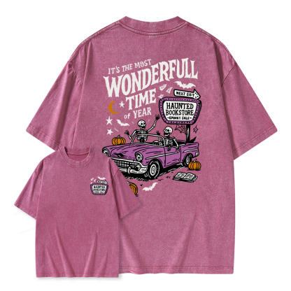 Pagewings Halloween Haunted Bookstore Unisex Washed T-shirt