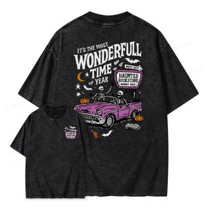 Pagewings Halloween Haunted Bookstore Unisex Washed T-shirt