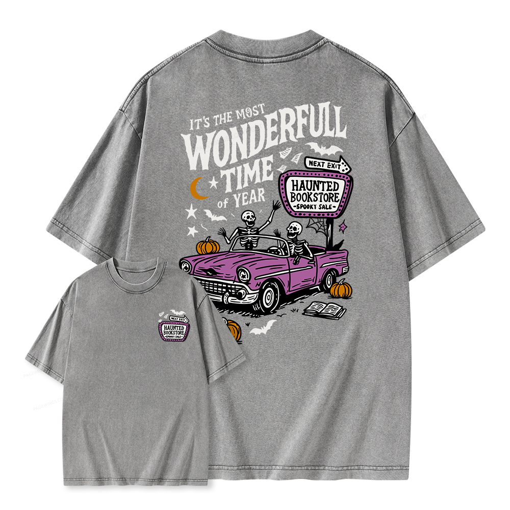 Pagewings Halloween Haunted Bookstore Unisex Washed T-shirt