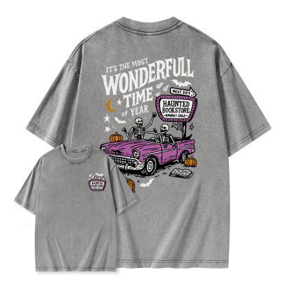 Pagewings Halloween Haunted Bookstore Unisex Washed T-shirt