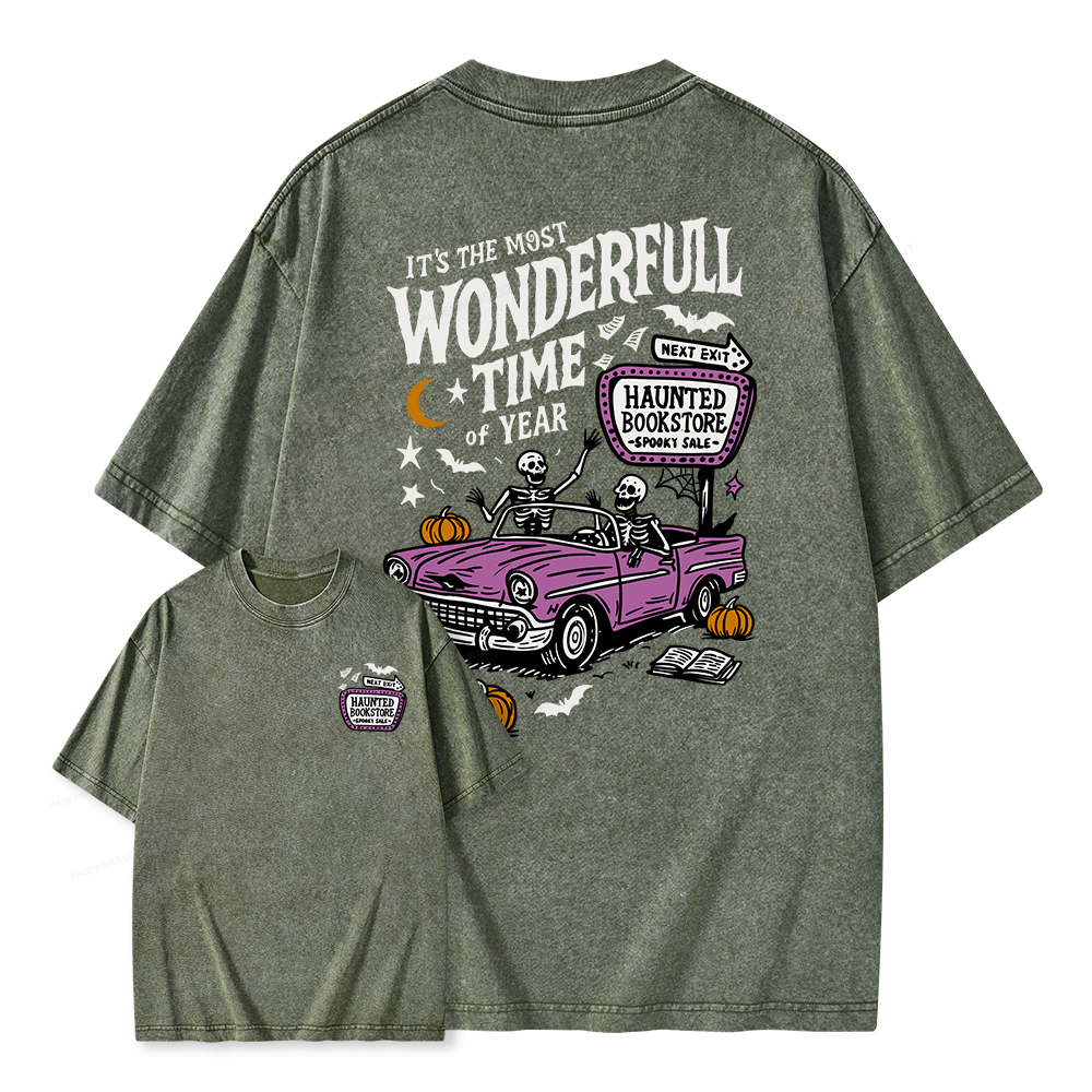 Pagewings Halloween Haunted Bookstore Unisex Washed T-shirt