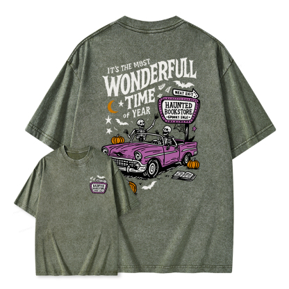 Pagewings Halloween Haunted Bookstore Unisex Washed T-shirt