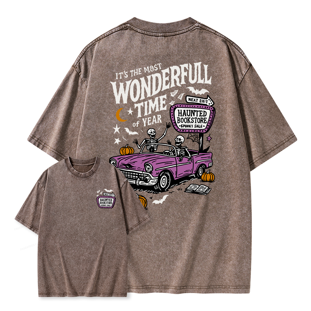 Pagewings Halloween Haunted Bookstore Unisex Washed T-shirt