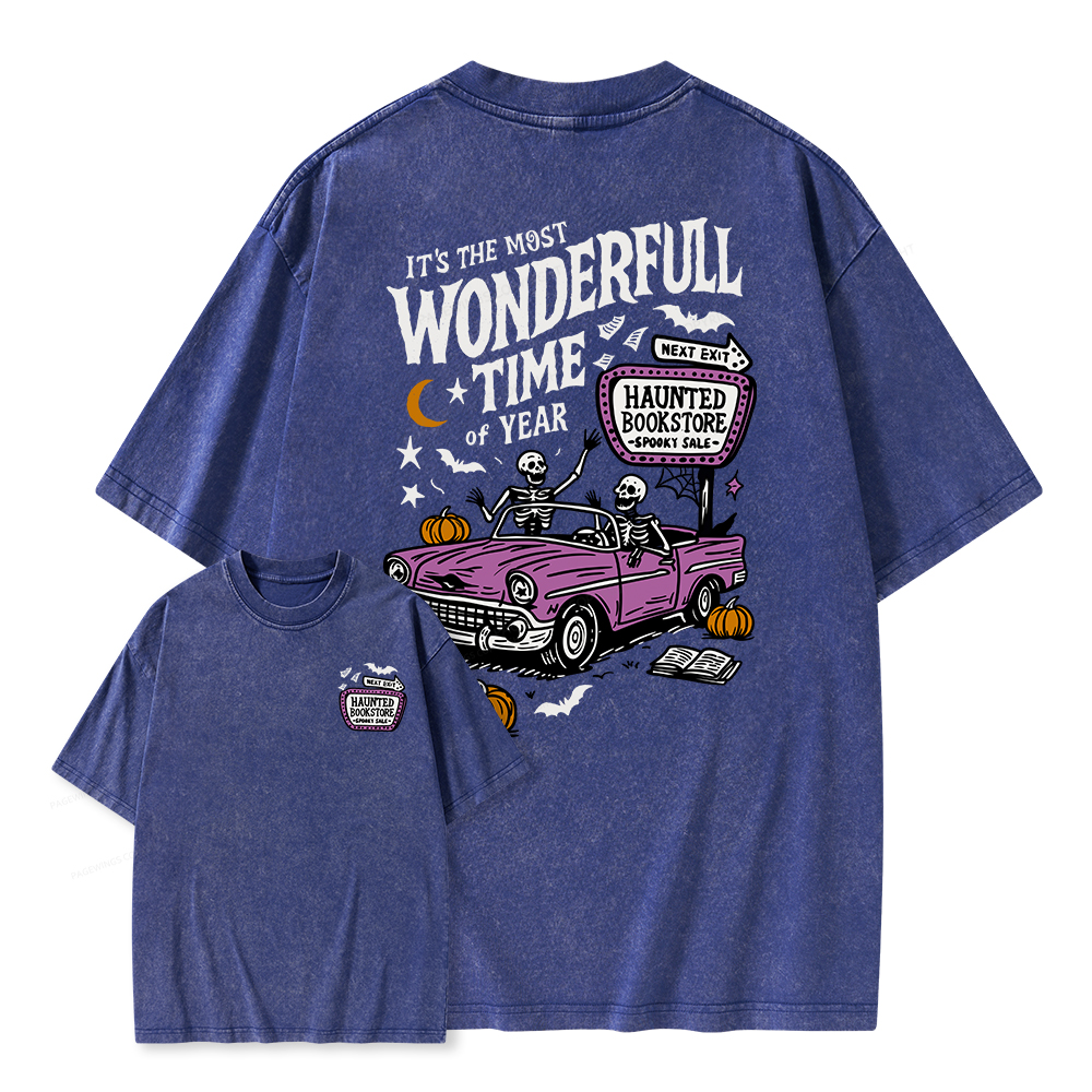 Pagewings Halloween Haunted Bookstore Unisex Washed T-shirt