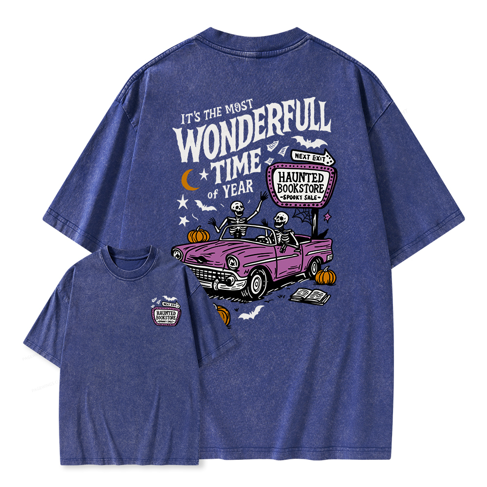 Pagewings Halloween Haunted Bookstore Unisex Washed T-shirt