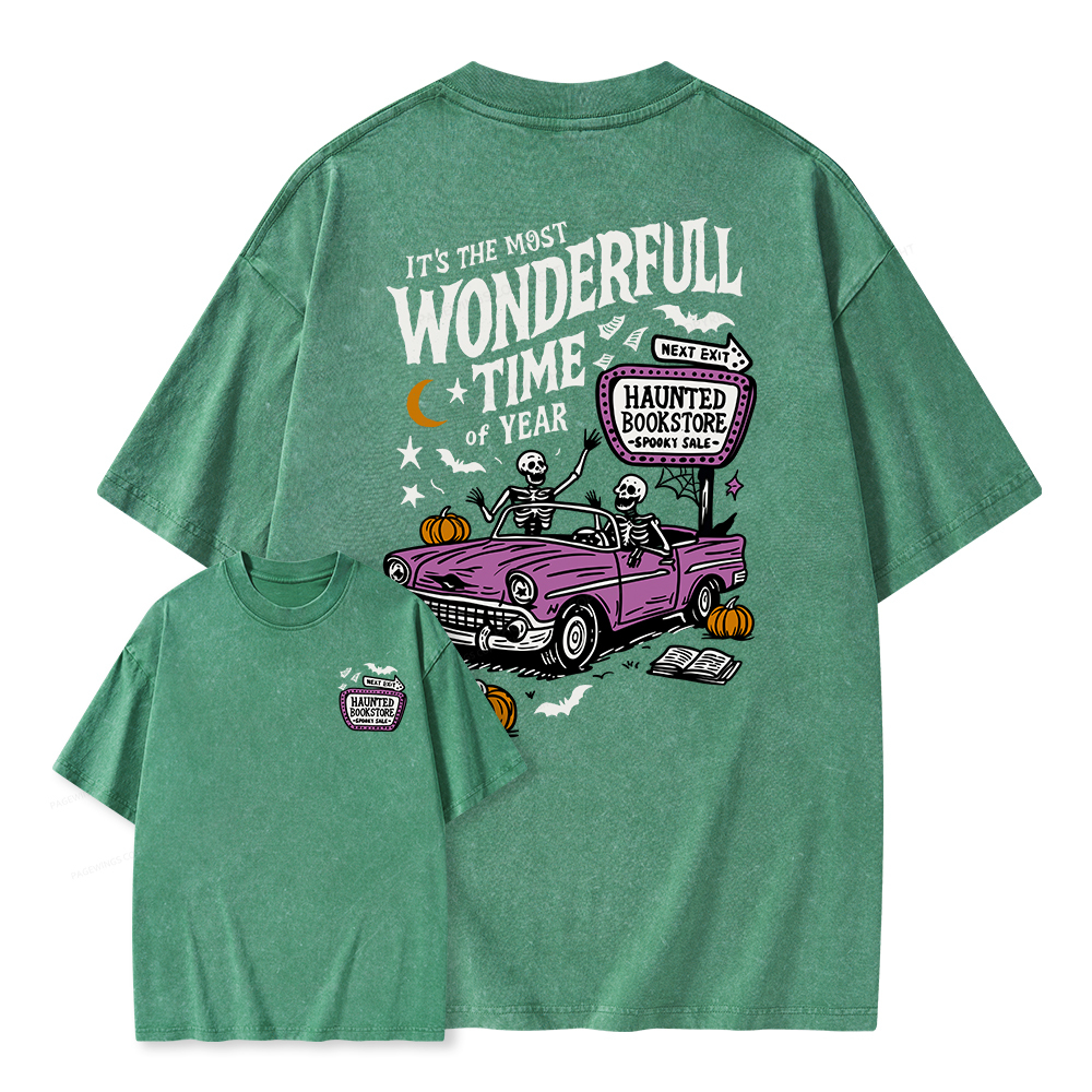 Pagewings Halloween Haunted Bookstore Unisex Washed T-shirt