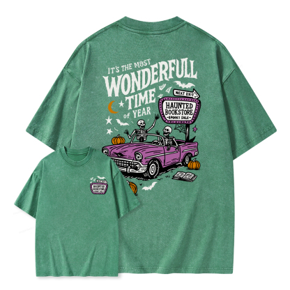 Pagewings Halloween Haunted Bookstore Unisex Washed T-shirt