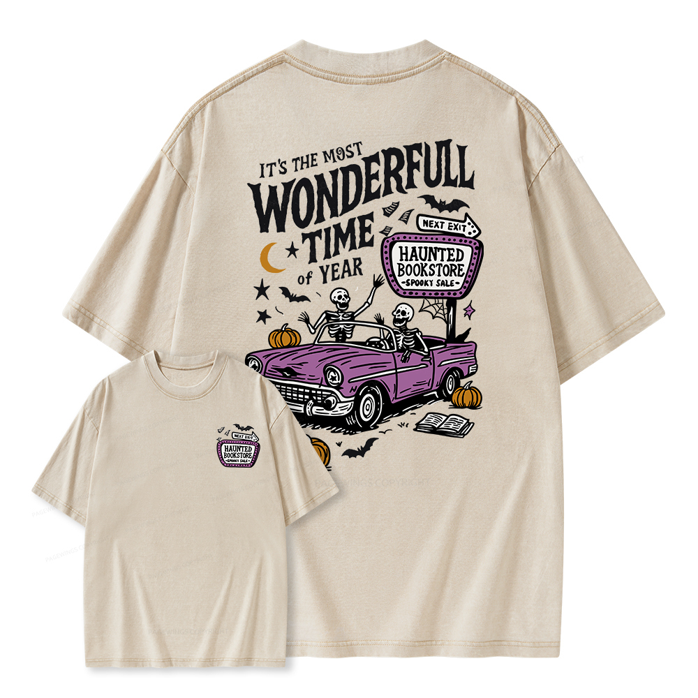 Pagewings Halloween Haunted Bookstore Unisex Washed T-shirt