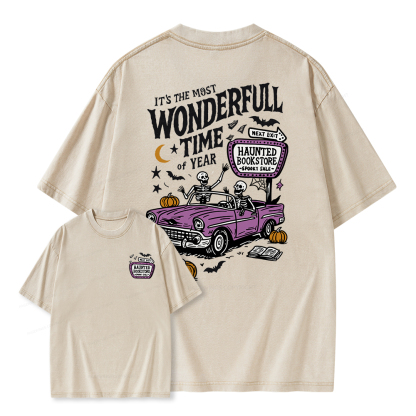 Pagewings Halloween Haunted Bookstore Unisex Washed T-shirt