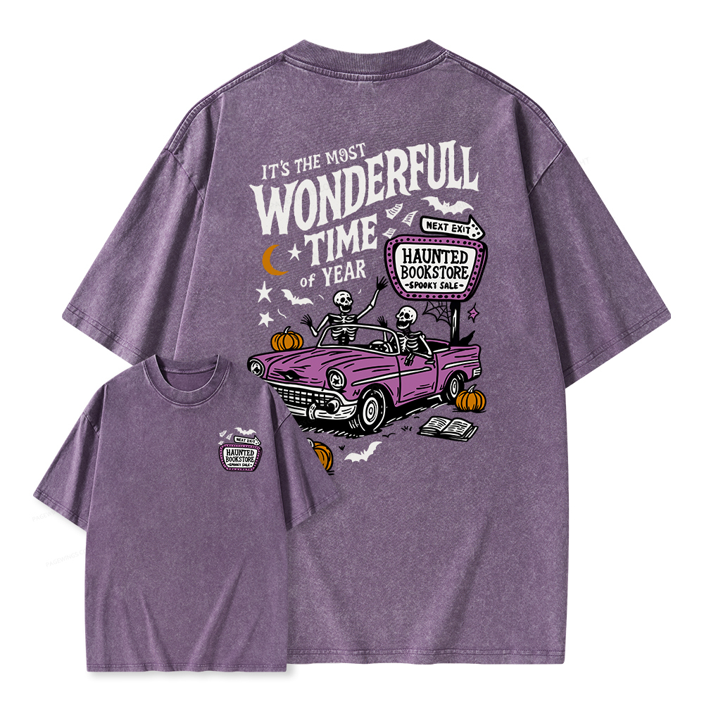 Pagewings Halloween Haunted Bookstore Unisex Washed T-shirt