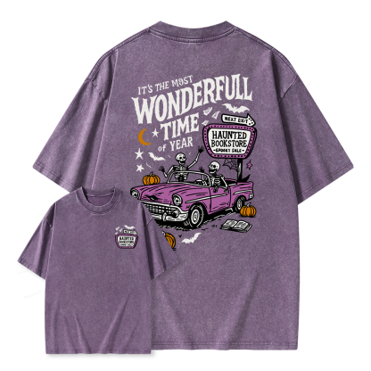 Pagewings Halloween Haunted Bookstore Unisex Washed T-shirt