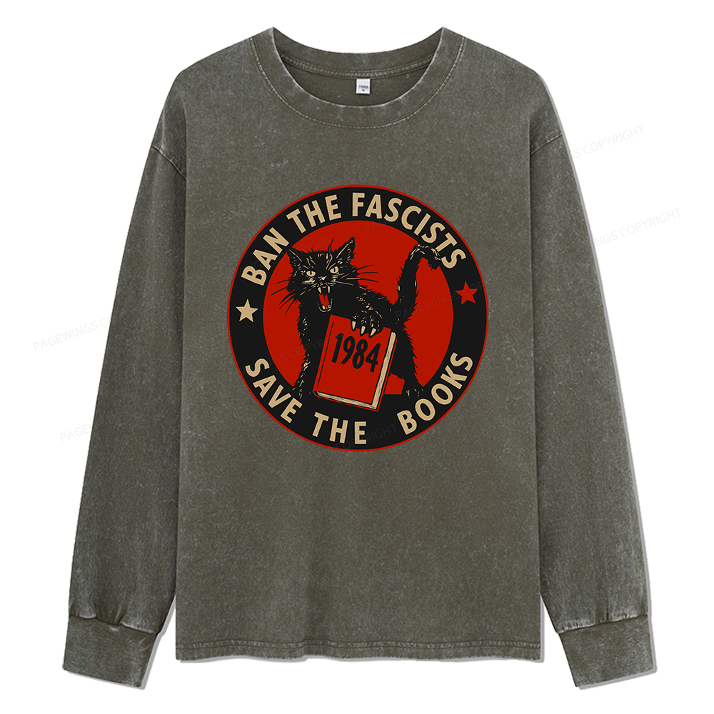 Pagewings Ban The Fascists Save The Books Unisex Washed Long Sleeve T-shirt