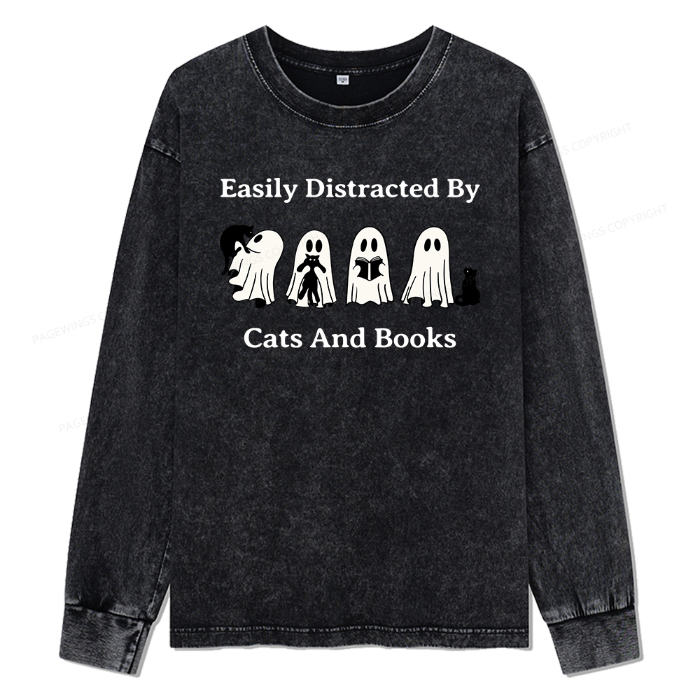 Pagewings Easily Distracted By Cats And Books Unisex Washed Long Sleeve T-shirt