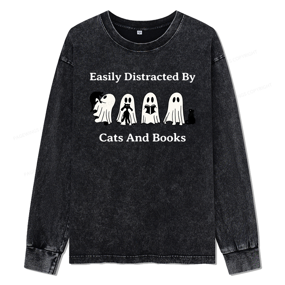 Pagewings Easily Distracted By Cats And Books Unisex Washed Long Sleeve T-shirt