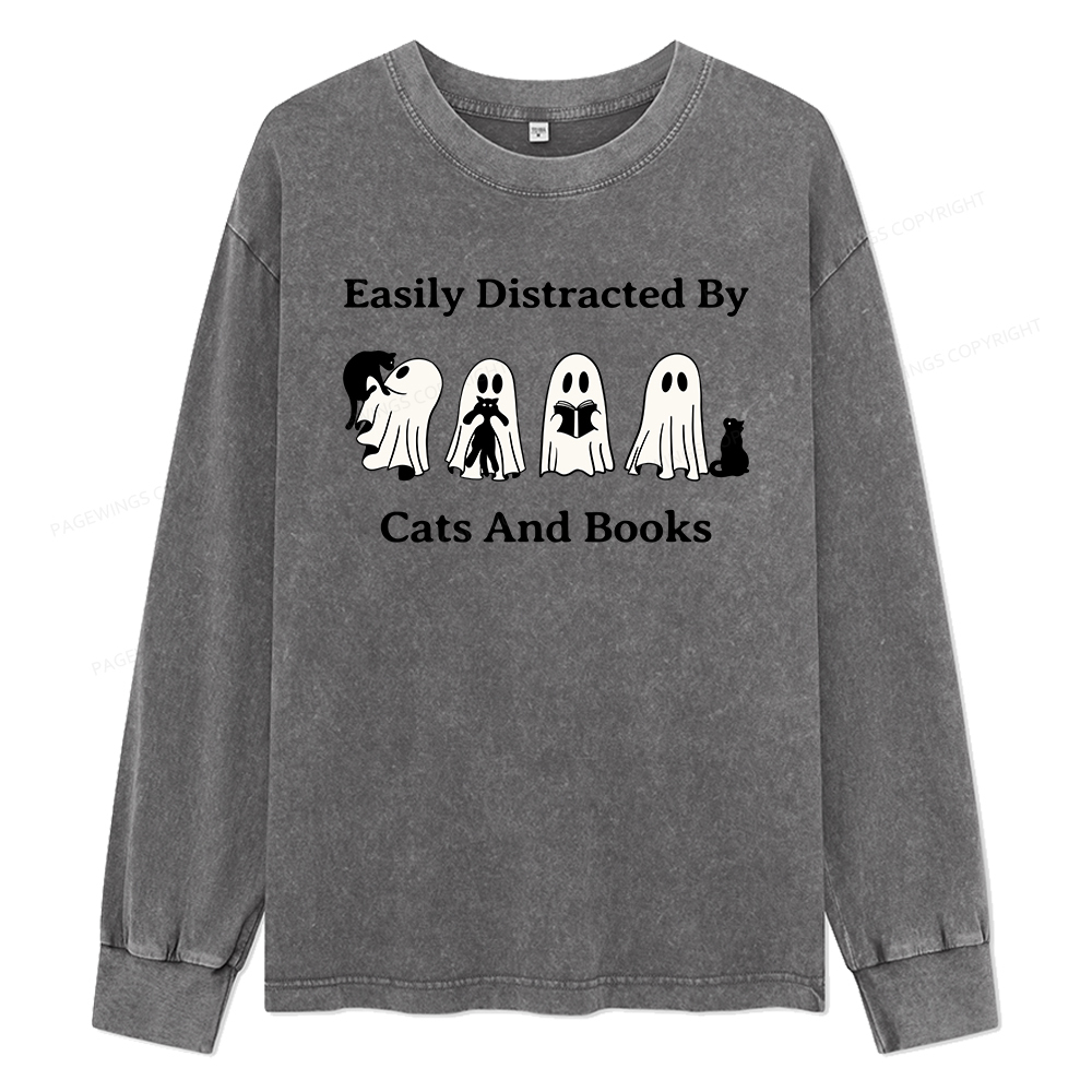 Pagewings Easily Distracted By Cats And Books Unisex Washed Long Sleeve T-shirt