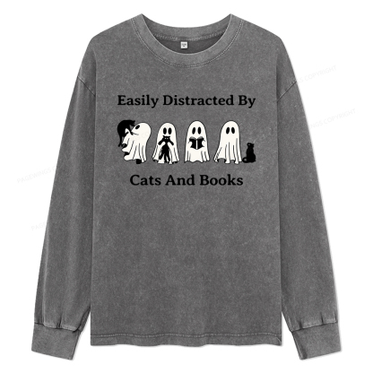 Pagewings Easily Distracted By Cats And Books Unisex Washed Long Sleeve T-shirt
