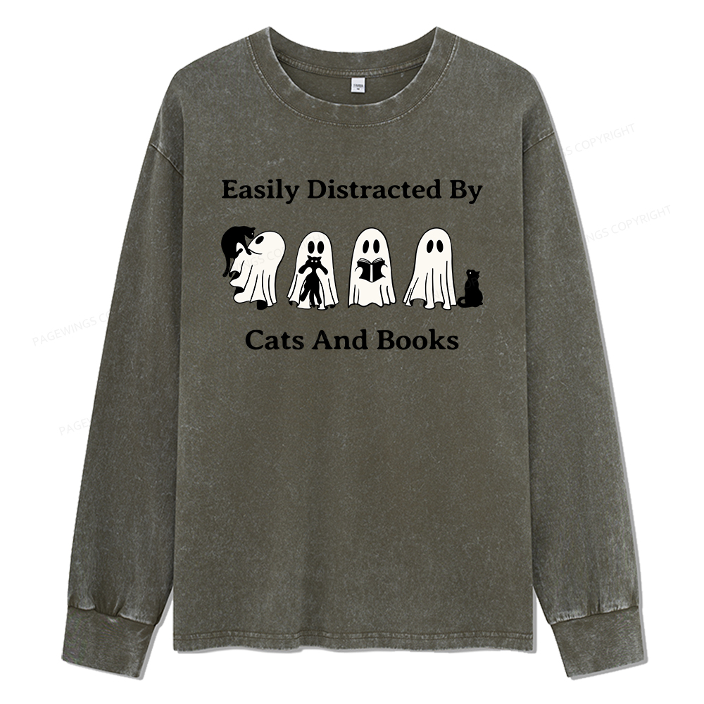 Pagewings Easily Distracted By Cats And Books Unisex Washed Long Sleeve T-shirt