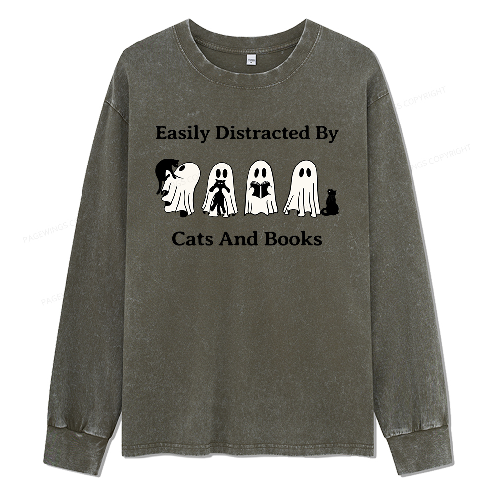 Pagewings Easily Distracted By Cats And Books Unisex Washed Long Sleeve T-shirt