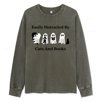 Pagewings Easily Distracted By Cats And Books Unisex Washed Long Sleeve T-shirt