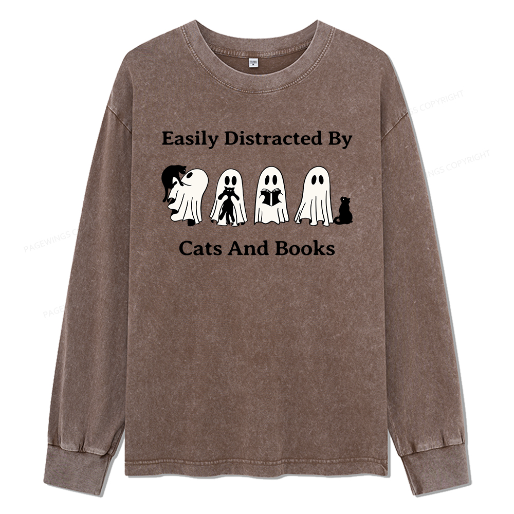 Pagewings Easily Distracted By Cats And Books Unisex Washed Long Sleeve T-shirt