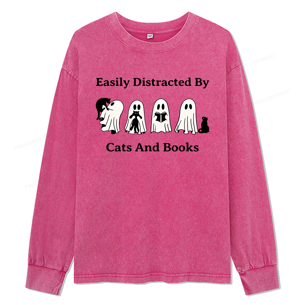 Pagewings Easily Distracted By Cats And Books Unisex Washed Long Sleeve T-shirt