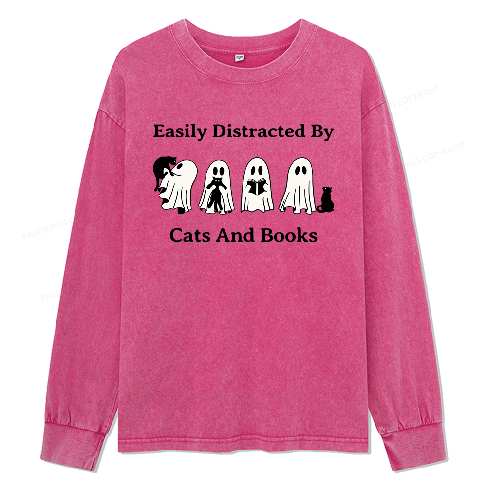 Pagewings Easily Distracted By Cats And Books Unisex Washed Long Sleeve T-shirt