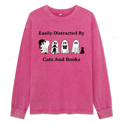 Pagewings Easily Distracted By Cats And Books Unisex Washed Long Sleeve T-shirt