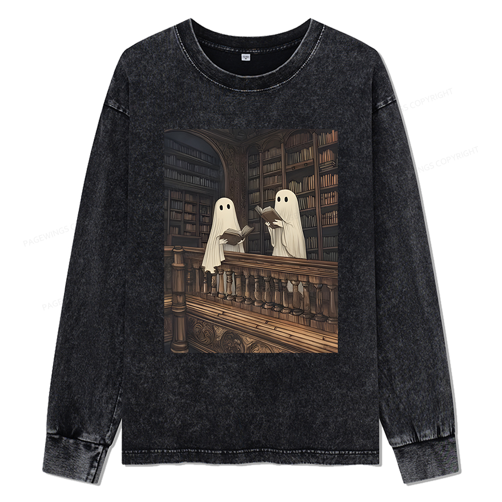 Pagewings Halloween Ghost Reading Unisex Washed Long Sleeve T-shirt