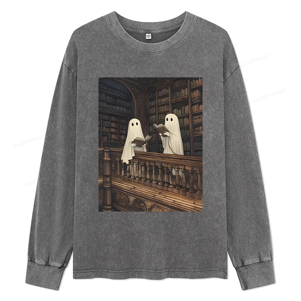 Pagewings Halloween Ghost Reading Unisex Washed Long Sleeve T-shirt