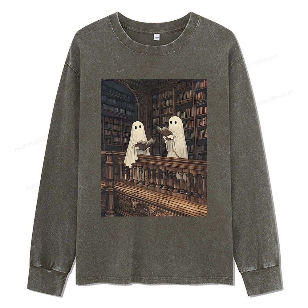 Pagewings Halloween Ghost Reading Unisex Washed Long Sleeve T-shirt