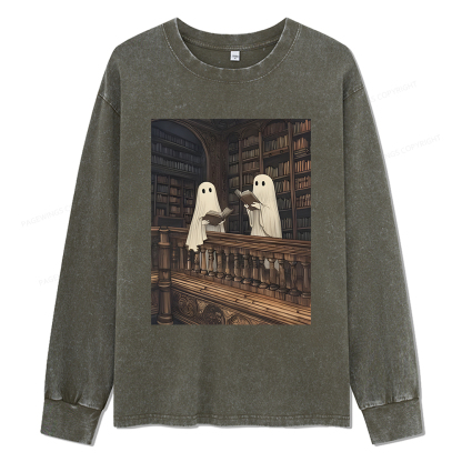 Pagewings Halloween Ghost Reading Unisex Washed Long Sleeve T-shirt
