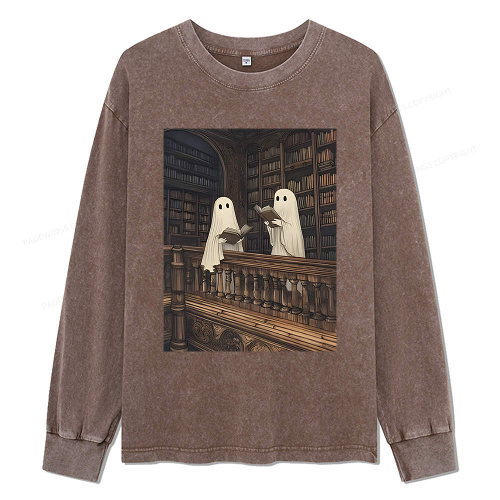Pagewings Halloween Ghost Reading Unisex Washed Long Sleeve T-shirt