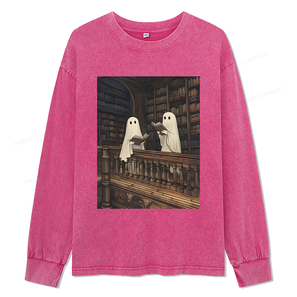 Pagewings Halloween Ghost Reading Unisex Washed Long Sleeve T-shirt