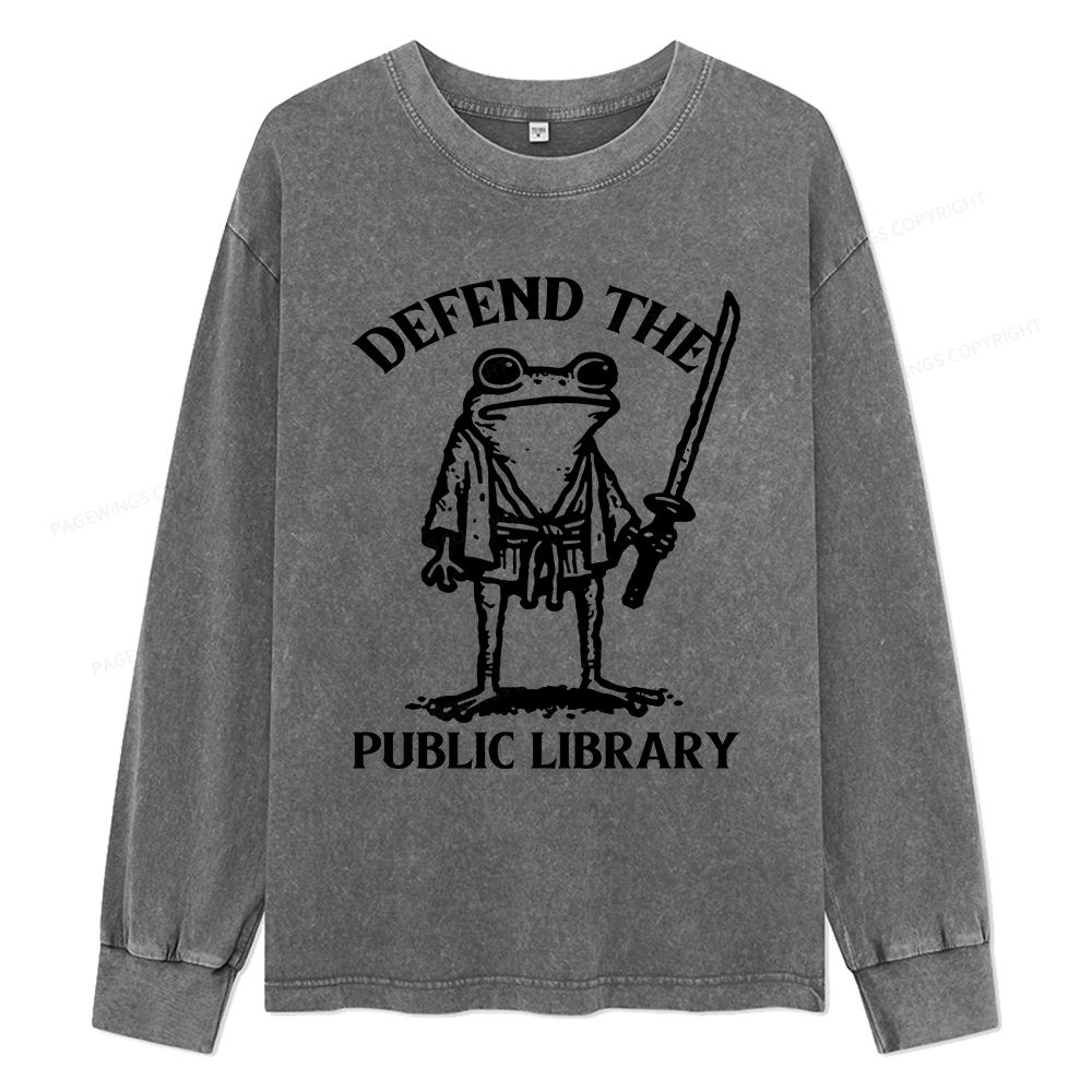 Pagewings Defend Your Public Library Unisex Washed Long Sleeve T-shirt