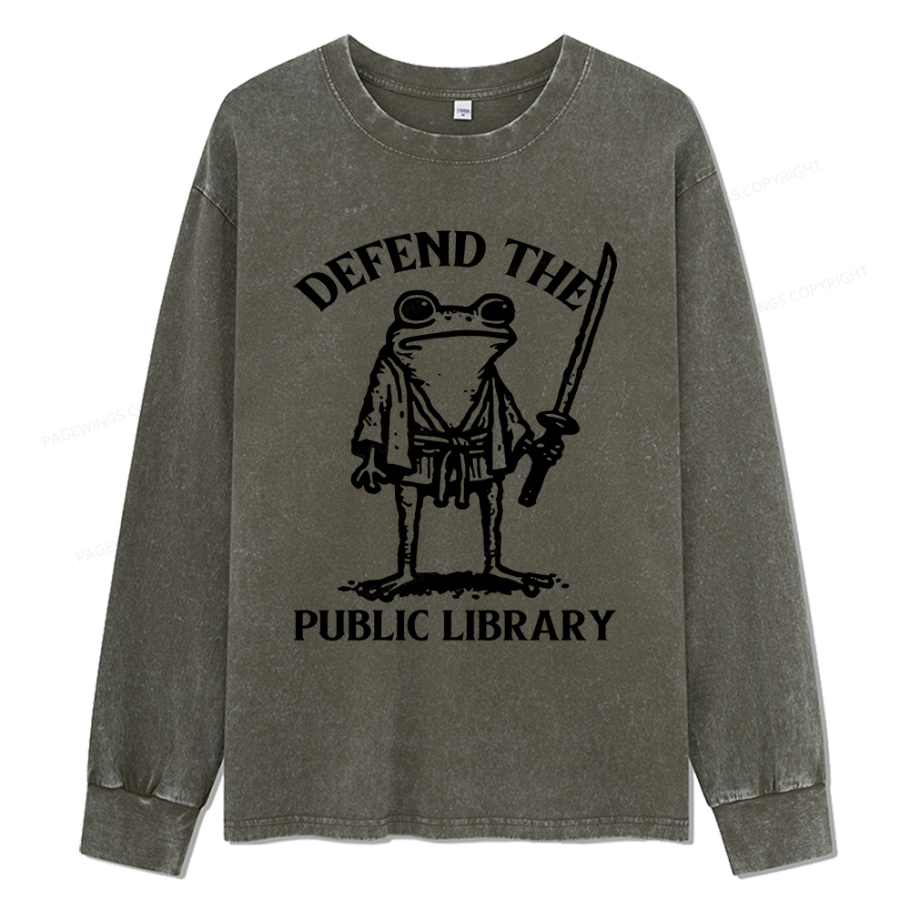 Pagewings Defend Your Public Library Unisex Washed Long Sleeve T-shirt