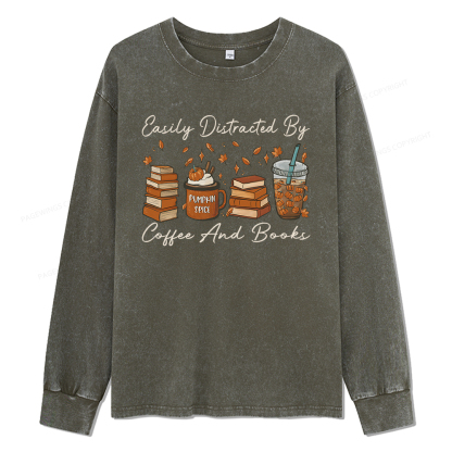 Pagewings Easily Distracted By Coffee And Books Unisex Washed Long Sleeve T-shirt