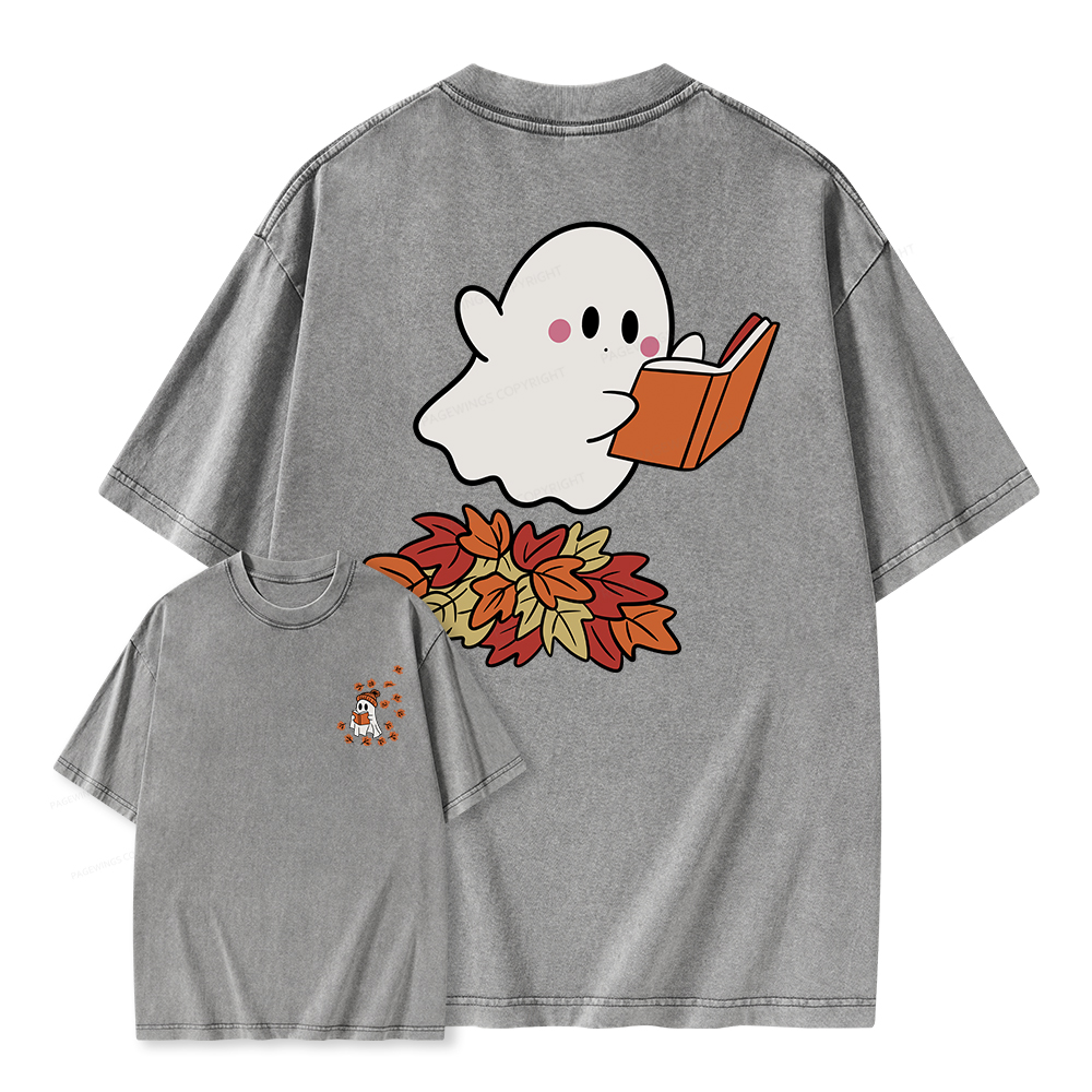 Pagewings  Fall Ghost Reading Unisex Washed T-shirt