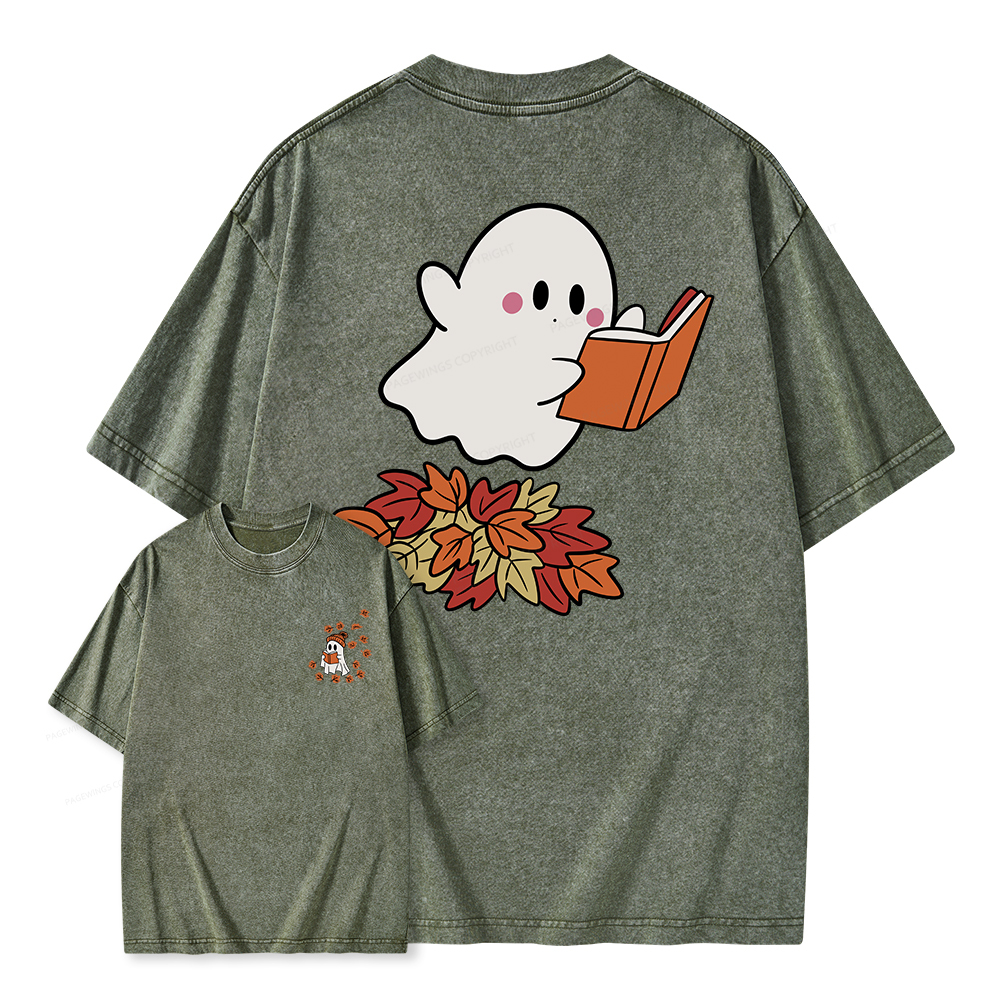 Pagewings  Fall Ghost Reading Unisex Washed T-shirt