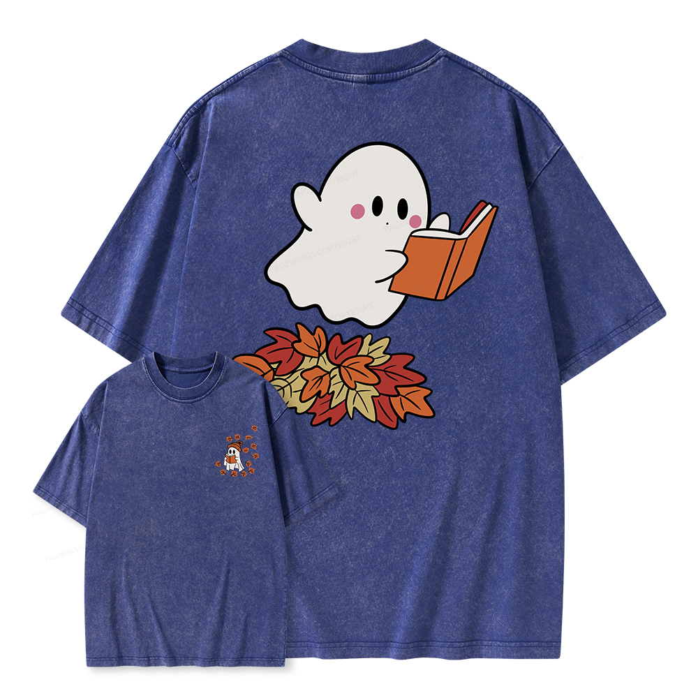 Pagewings  Fall Ghost Reading Unisex Washed T-shirt