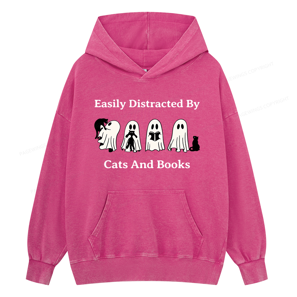 Pagewings Easily Distracted By Cats And Books Unisex Washed Hoodie