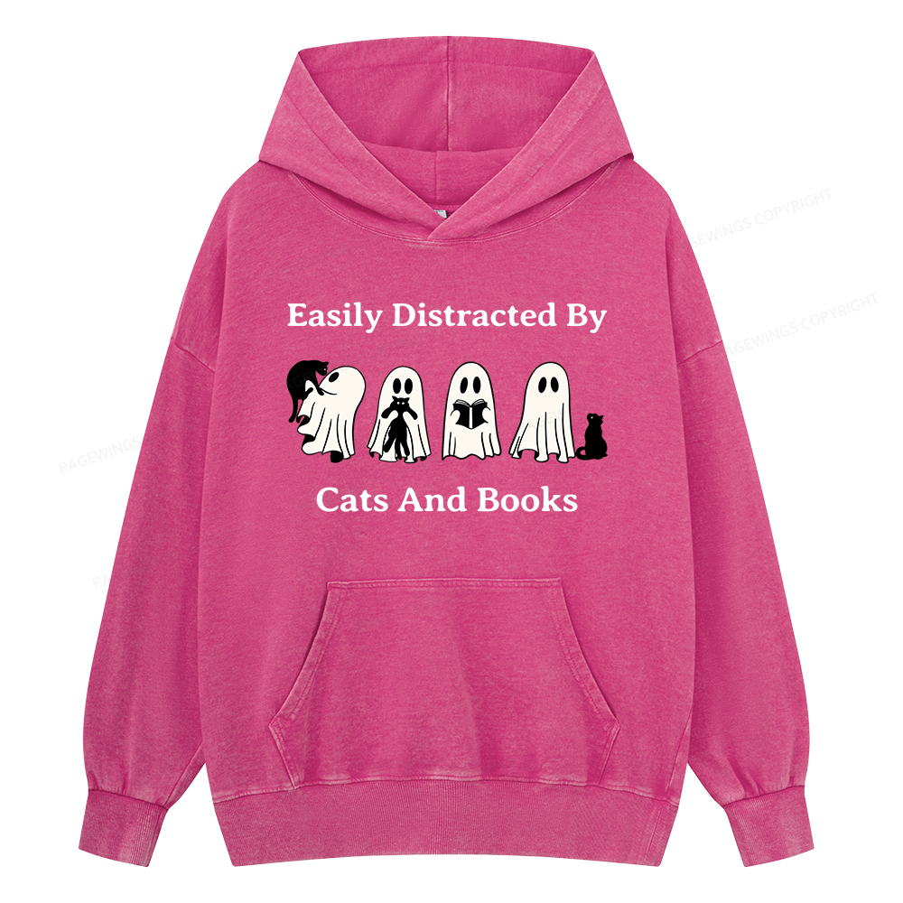 Pagewings Easily Distracted By Cats And Books Unisex Washed Hoodie