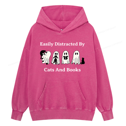 Pagewings Easily Distracted By Cats And Books Unisex Washed Hoodie