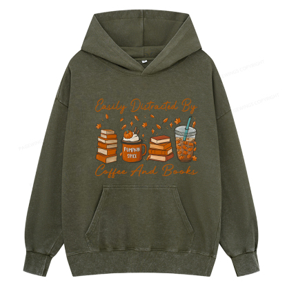 Pagewings Easily Distracted By Coffee And Books Unisex Washed Hoodie