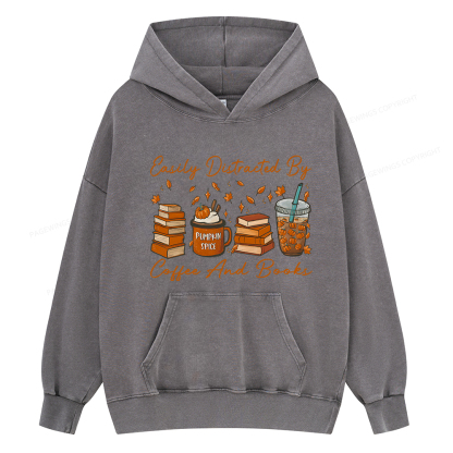 Pagewings Easily Distracted By Coffee And Books Unisex Washed Hoodie